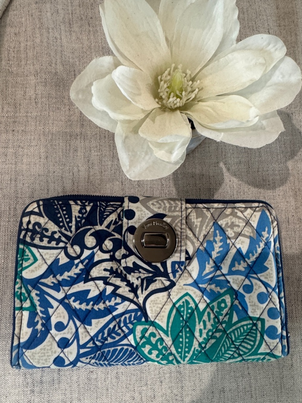 Vera Bradley Blue Teal Floral Quilted Wallet with Silver Turn-Lock